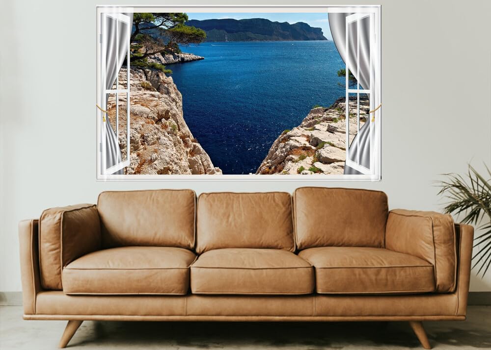 JVERF - JZZE21127 France Coast Calanque Port Miou Provence Bay Crag| Self-Adhesive Open Window Wall Sticker