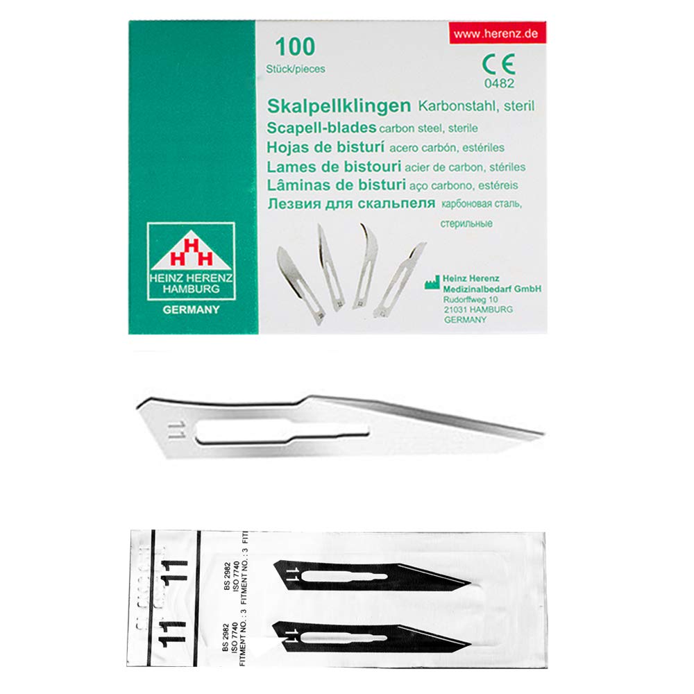 Set - 100 Stück Skalpellklingen Figur 11 aus Karbonstahl - Ersatzklingen einzeln steril verpackt + 1 x May - Skalpell-Halter mit 16 cm langem Griff - Edelstahl