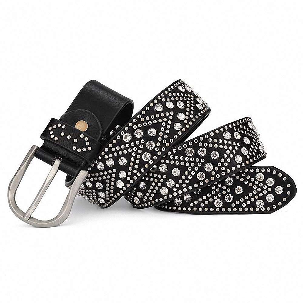 Ulalaza Women's 100006/110Cm/Black Leather Belt ，Hollow Diamonds Rivets Waistband With Alloy Buckle Hollow Leather Belts