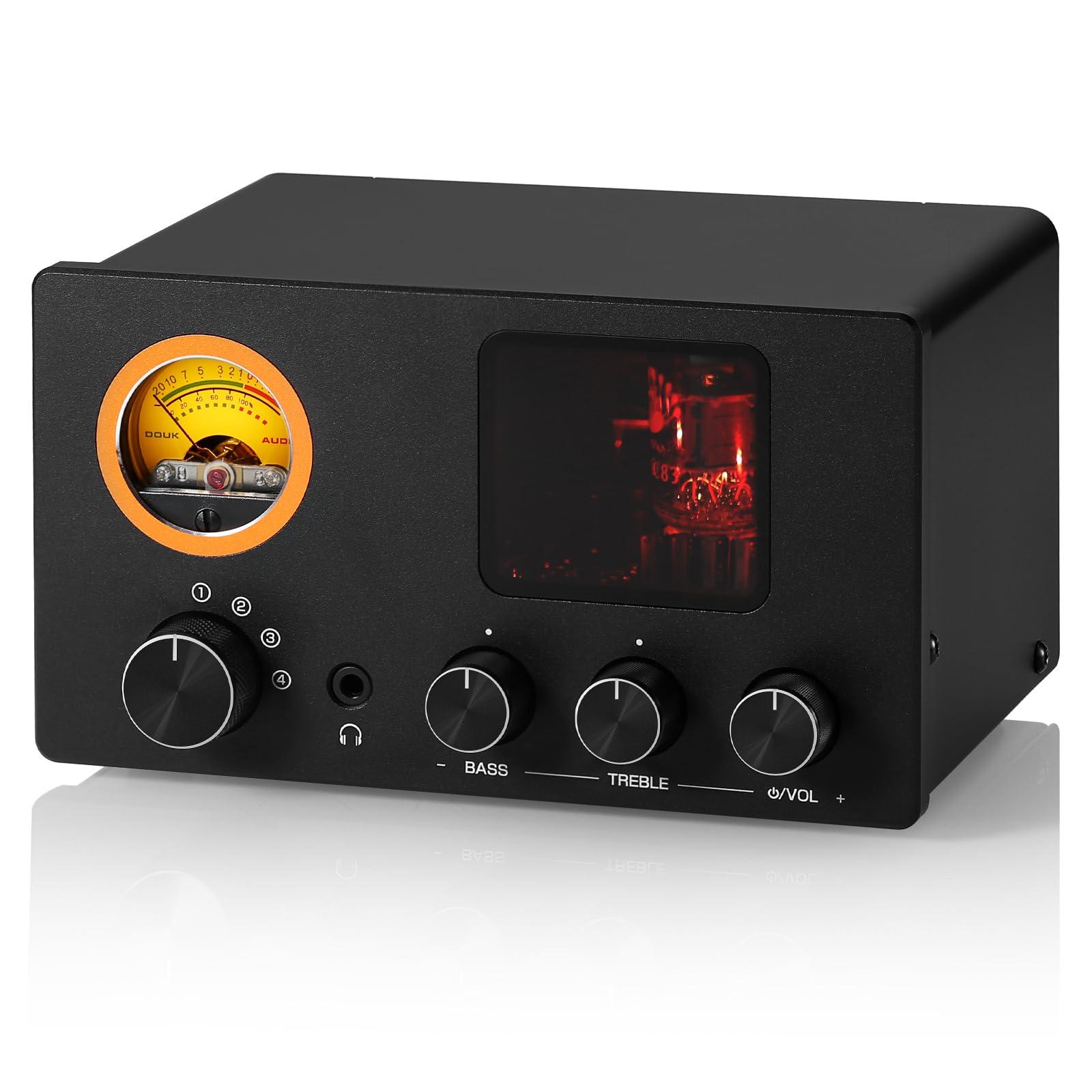 Preamplificador de válvulas Douk Audio TUBE-T5C: Amplificador de auriculares con medidor VU, selector RCA de 4 vías y control de sonido para receptor, amplificador, altavoz y auriculares de 16-600 Ω.