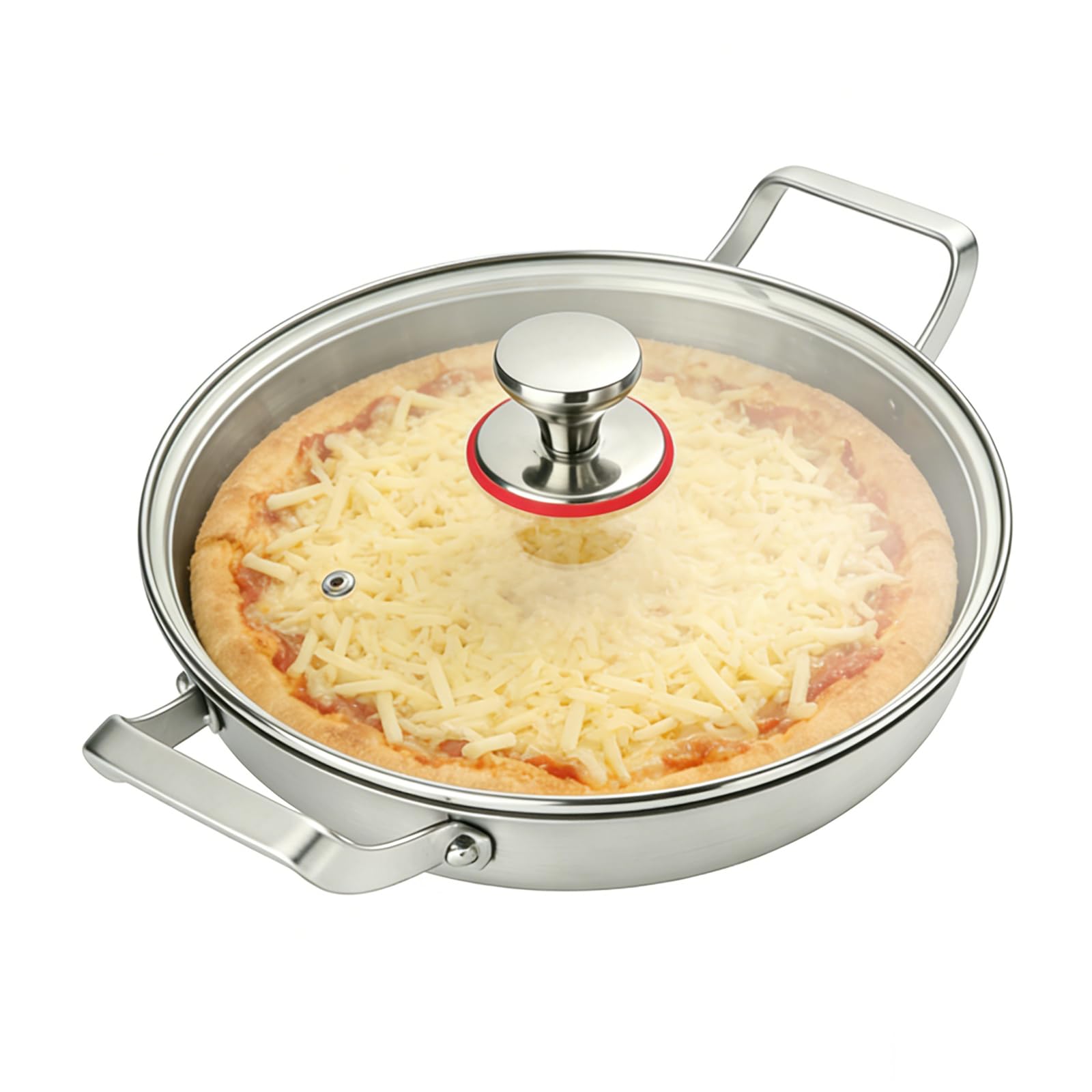Padella in acciaio inox titanio martellato, 28 cm, padella professionale senza rivestimento, padella a induzione per tutti i fuochi con coperchio in vetro, batteria da cucina a triplo strato in