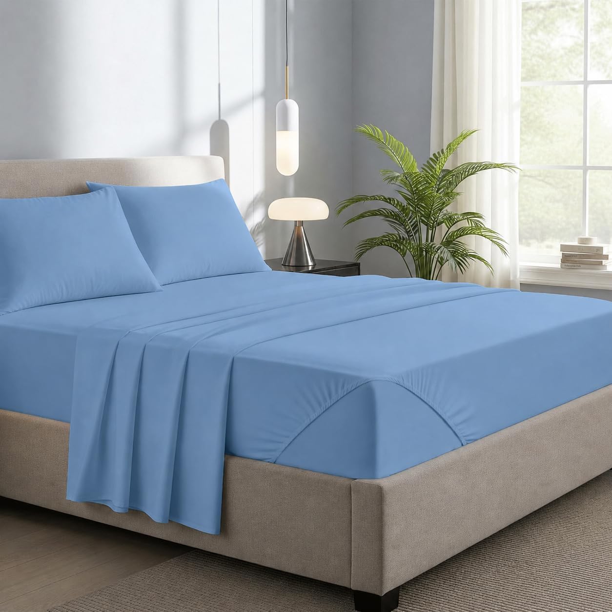 Novexa 100% Egyptian Cotton Single Fitted Sheets 400 Thread Count 40cm Deep Bed Sheet Luxury Ultra Soft Bottom Grey Fitted Bedsheets (Sky-blue, King)