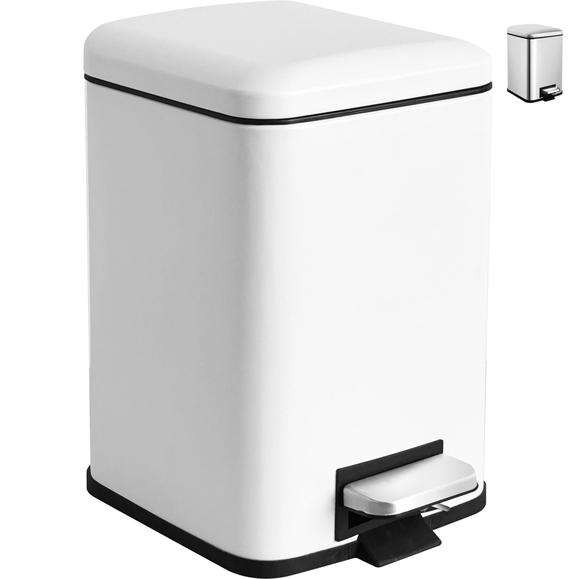 Ullege Bathroom Bin, 6L Trash Bin with Soft Close Lid, 6 Litre Stainless Steel Pedal Bin with Inner Bucket, Square Rubbish Bin for Small Rooms, White