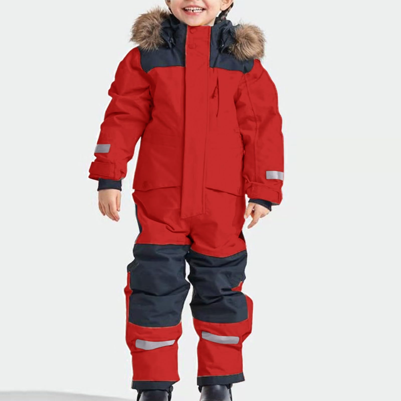 Schneeanzug Kinder Unisex Skianzüge Mädchen Jungen Klassisch Einteilige Schneeoverall Winddicht Wasserdicht Skioverall mit Fellkapuze Verdickt Warm Outdoor Winteroverall Kinder Skijacke für Snowboard