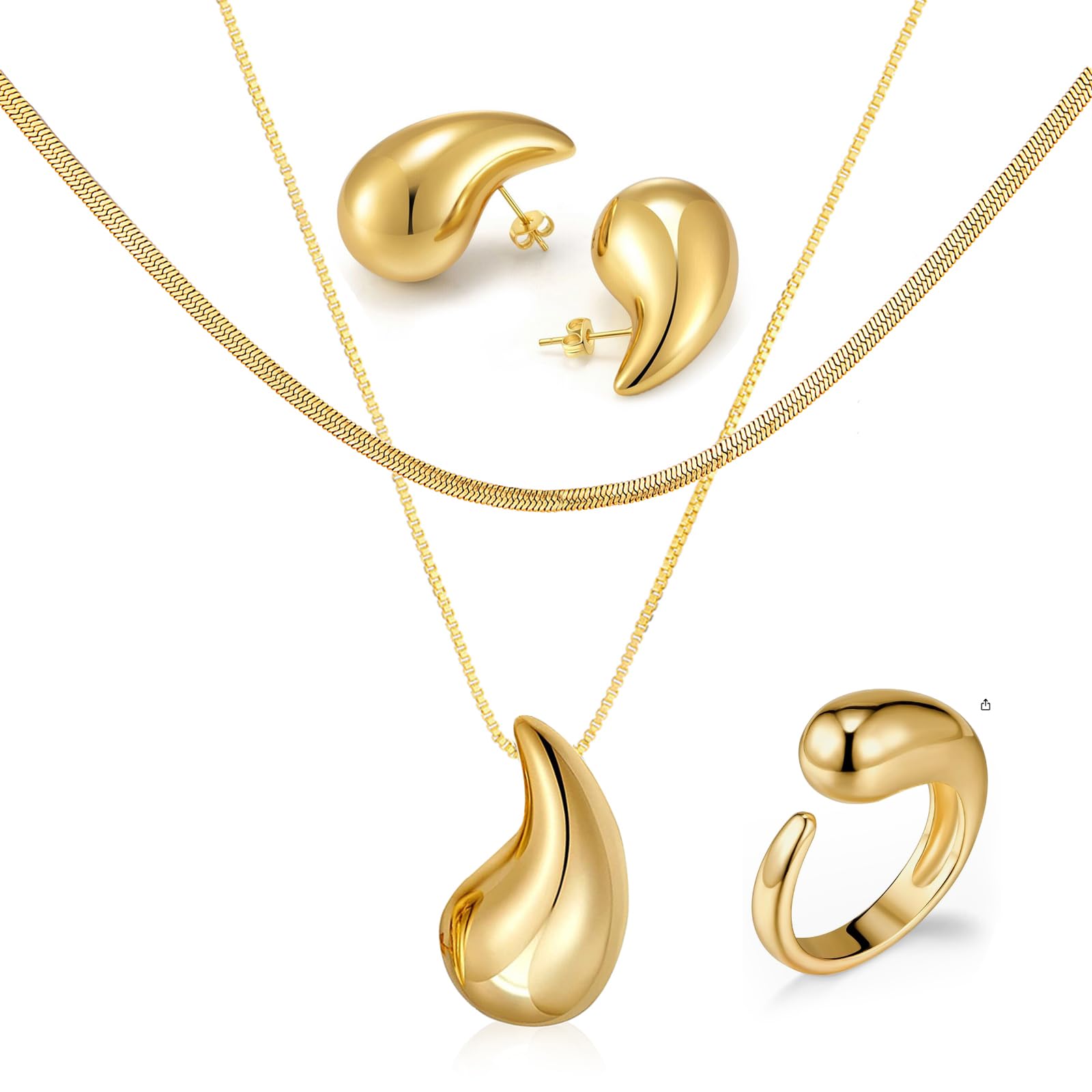 Bi&YamigeoTeardrop Necklace Earring set,18K Gold Stainless Steel Tear Drop Necklaces Earrings Ring Jewelry,Adjustable Layered Choker Box Chain Waterdrop Pendant Necklace for Women