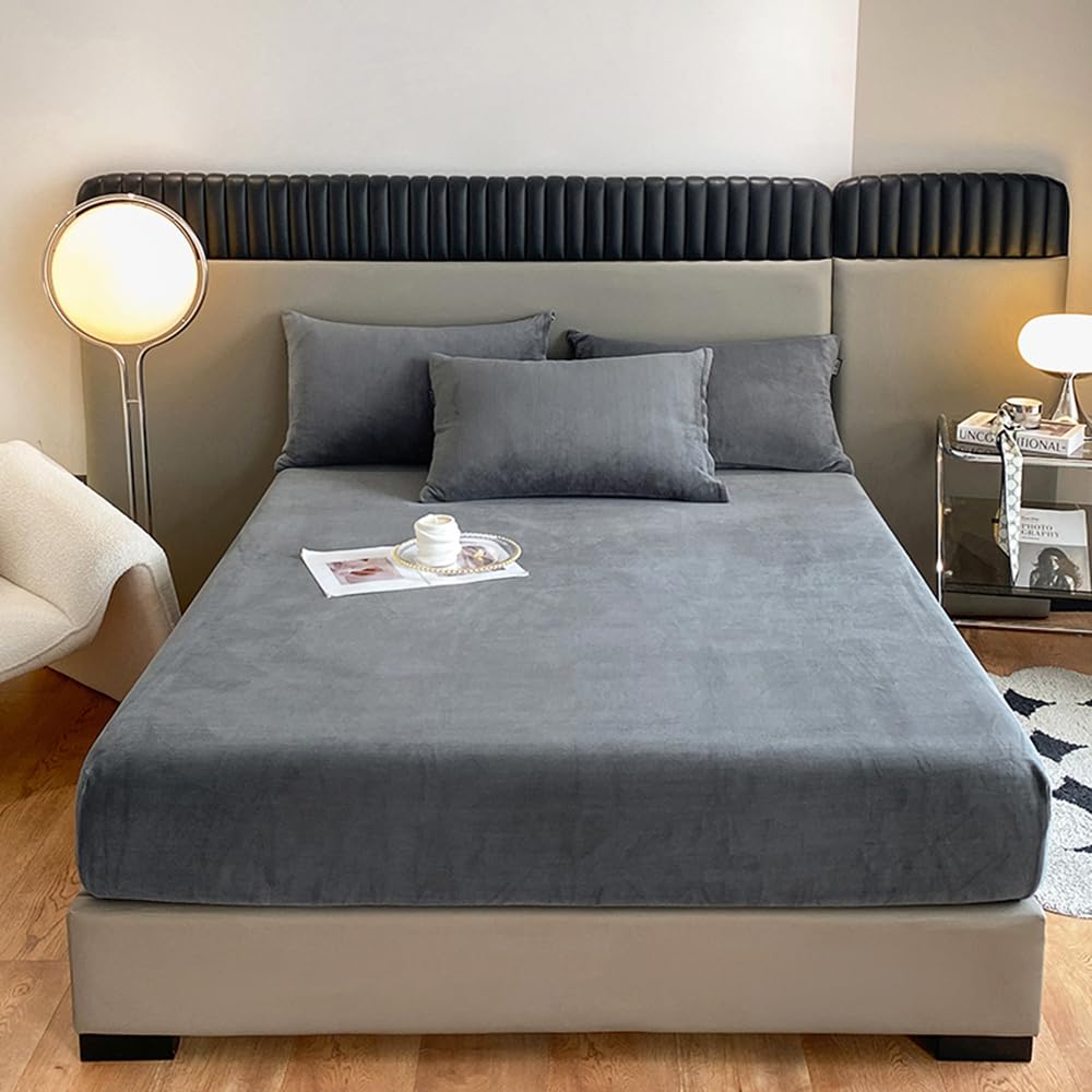 ZIQINPSQ Milk Velvet Fitted Sheet,Flannel Fitted Sheet Plush Shaggy Ultra Soft Fuzzy Sheet with 15''Deep Pocket,Not Include Pillowcases. (Dark Gray, Double)