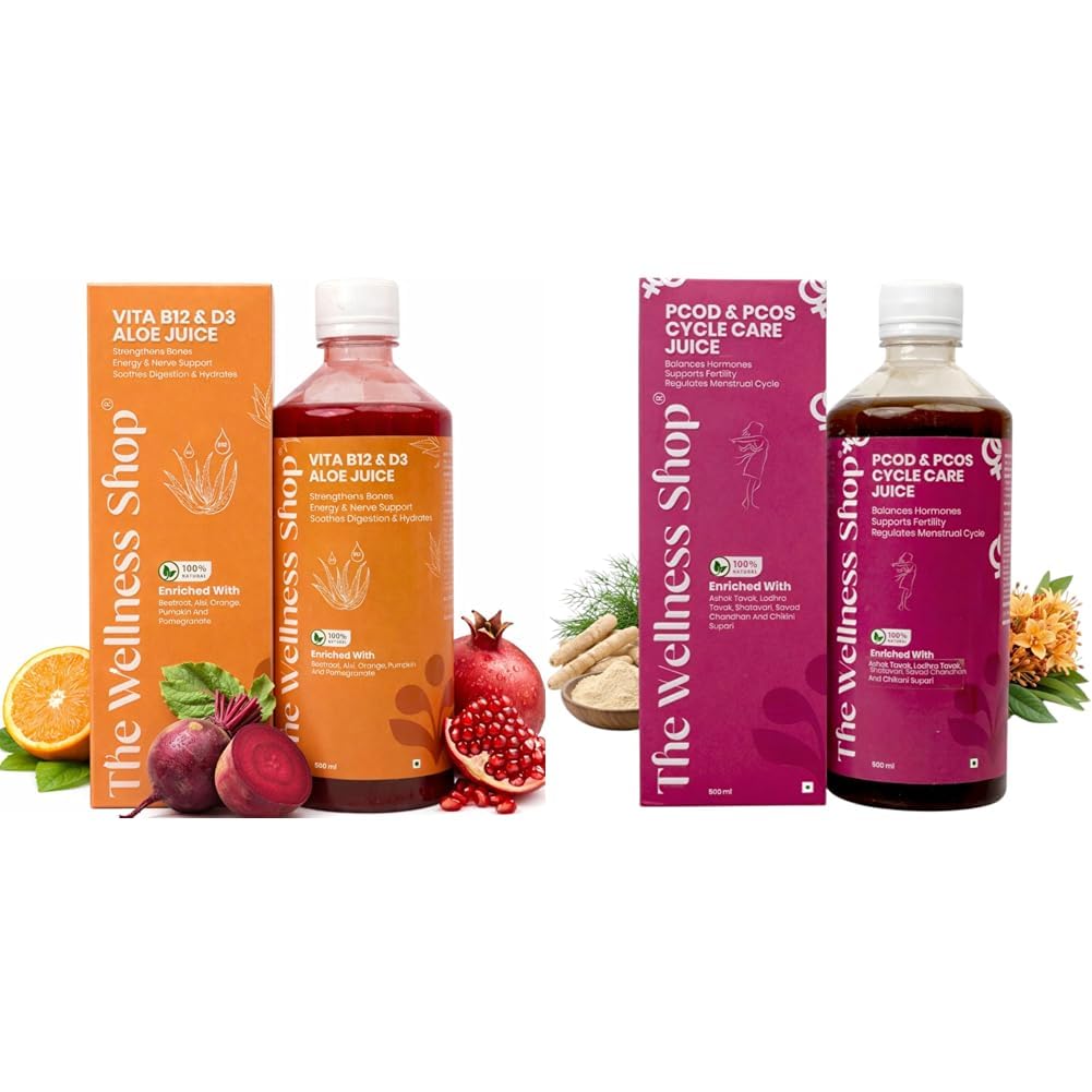 The Wellness Shop Vitamin B12, D3 Aloe Vera Juice 500ml | Energy, Immunity, Bone Strength and Dige | The Wellness Shop PCOS PCOD Cycle Care Juice for Women 500ml | Ayurvedic Herbal Drink with Ashoka-image-27