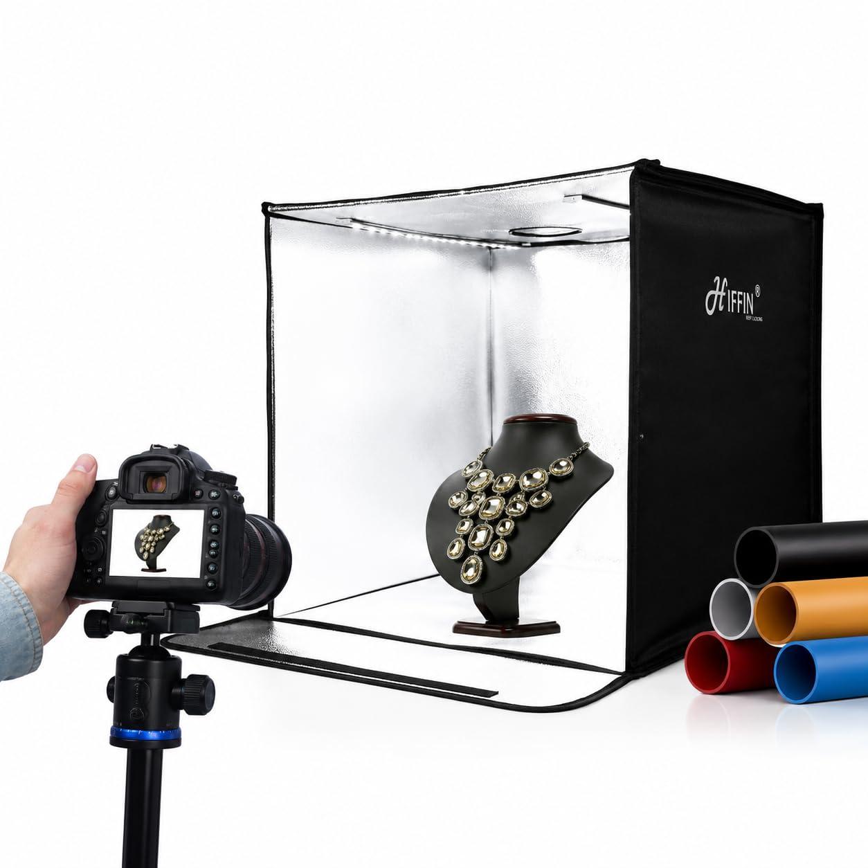 HIFFIN Portable Light Box Photography, 40 X 40cm Professional Dimmable Photo Box with 288 High Color Rendering Index LED Lights & 5 Color PVC Backdrops for Jewelry and Small Item Product Photography-image-28
