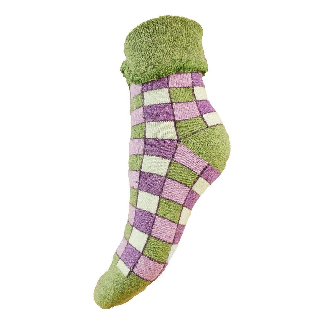 Joya Women's Luxurious Green Plaid Cuff Wool Blend Socks with Green, Purple and Cream Check UK 4-7