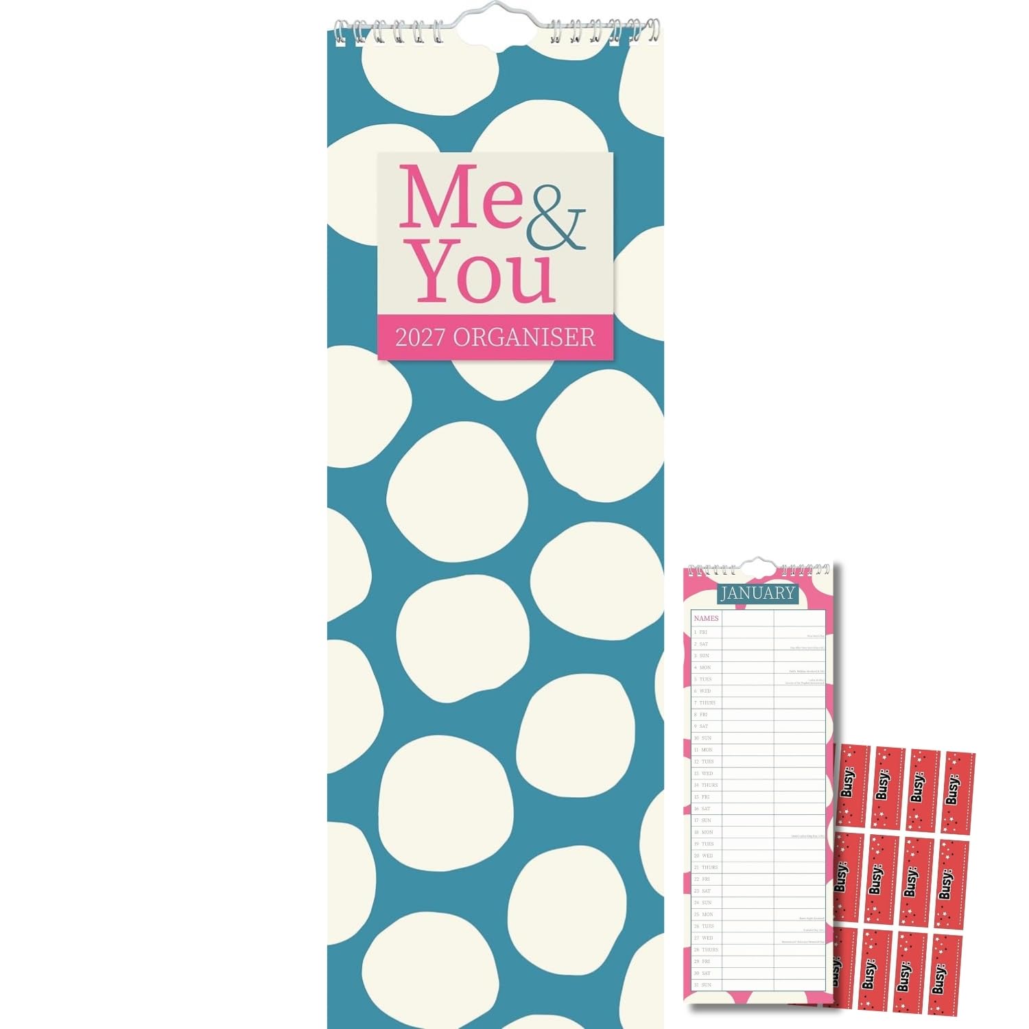 TGSC | You & Me 2027 Slimline Calendar with Planning Stickers, (Jan–Dec 2027) Planner with UK Holidays, For Couples, Home, Kitchen Organisation, 42 x 15 cm