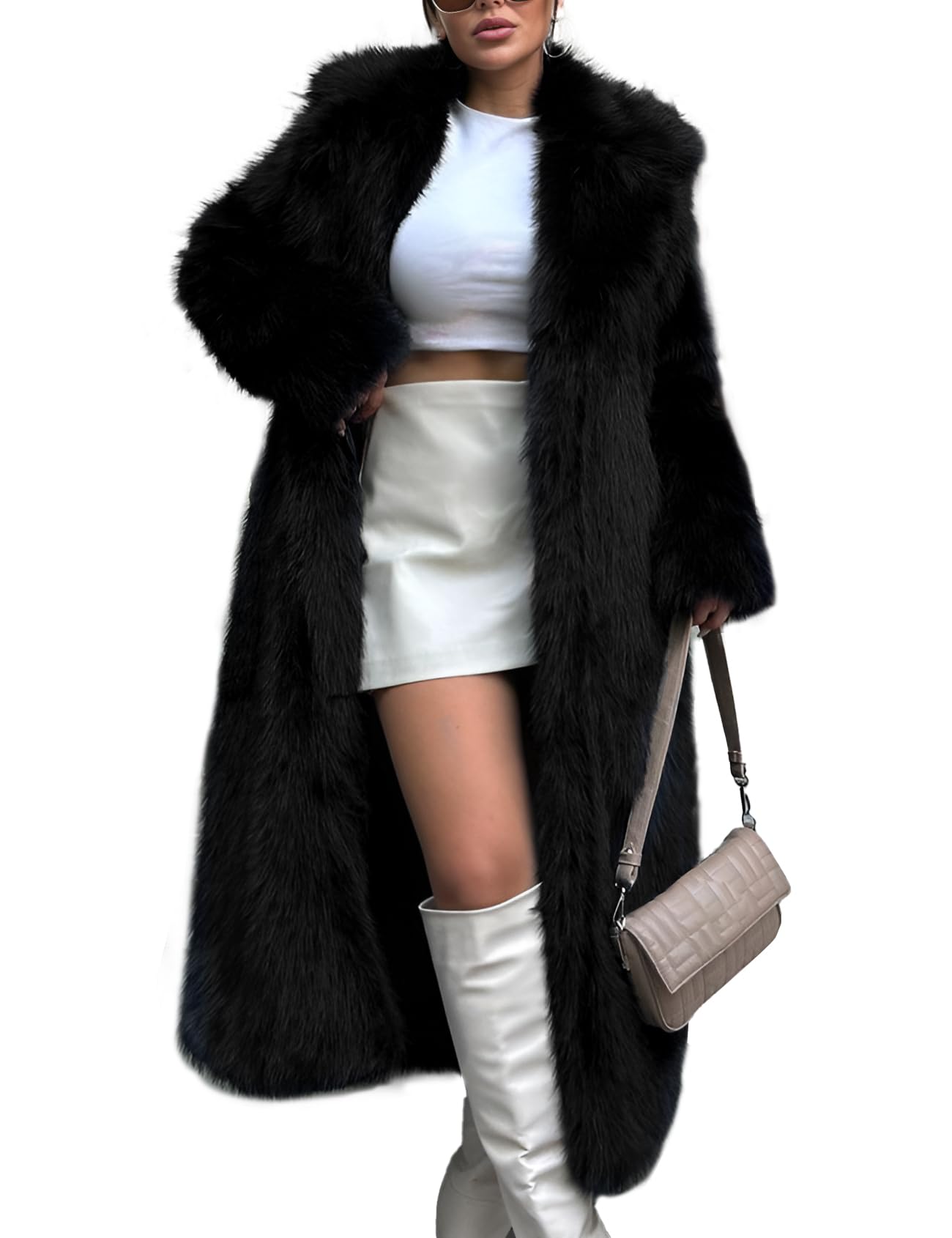 Photo 1 of Flygo Womens Long Faux Fur Coats Winter Fluffy Open Front Luxury Overcoat Shaggy Lapel Long Sleeve Fuzzy Warm Cardigan Jacket(Black-S)