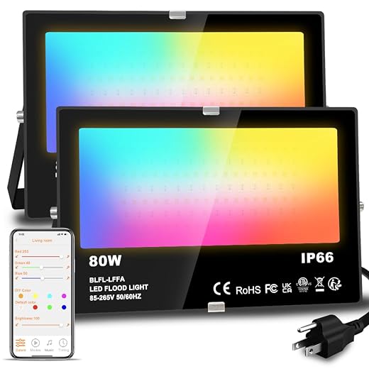LED Flood Light Outdoor 800W Equivalent 8000LM Smart RGB Landscape Lighting with APP Control, DIY Scenes - Timing - 5700K Daylight White - Color Changing Uplight, IP66 Waterproof US Plug MELPO(2Pack)