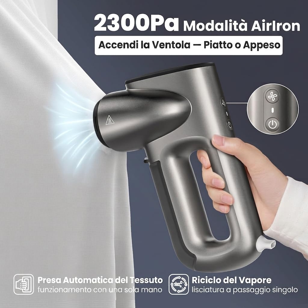 Neakasa Magic 1 Ferro da stiro a vapore sottovuoto, stiratore portatile da viaggio, tecnologia AirIron, aspirazione 2300Pa adesione tessuto, stiro a una mano, asciutto subito, 220-240V (Argento)