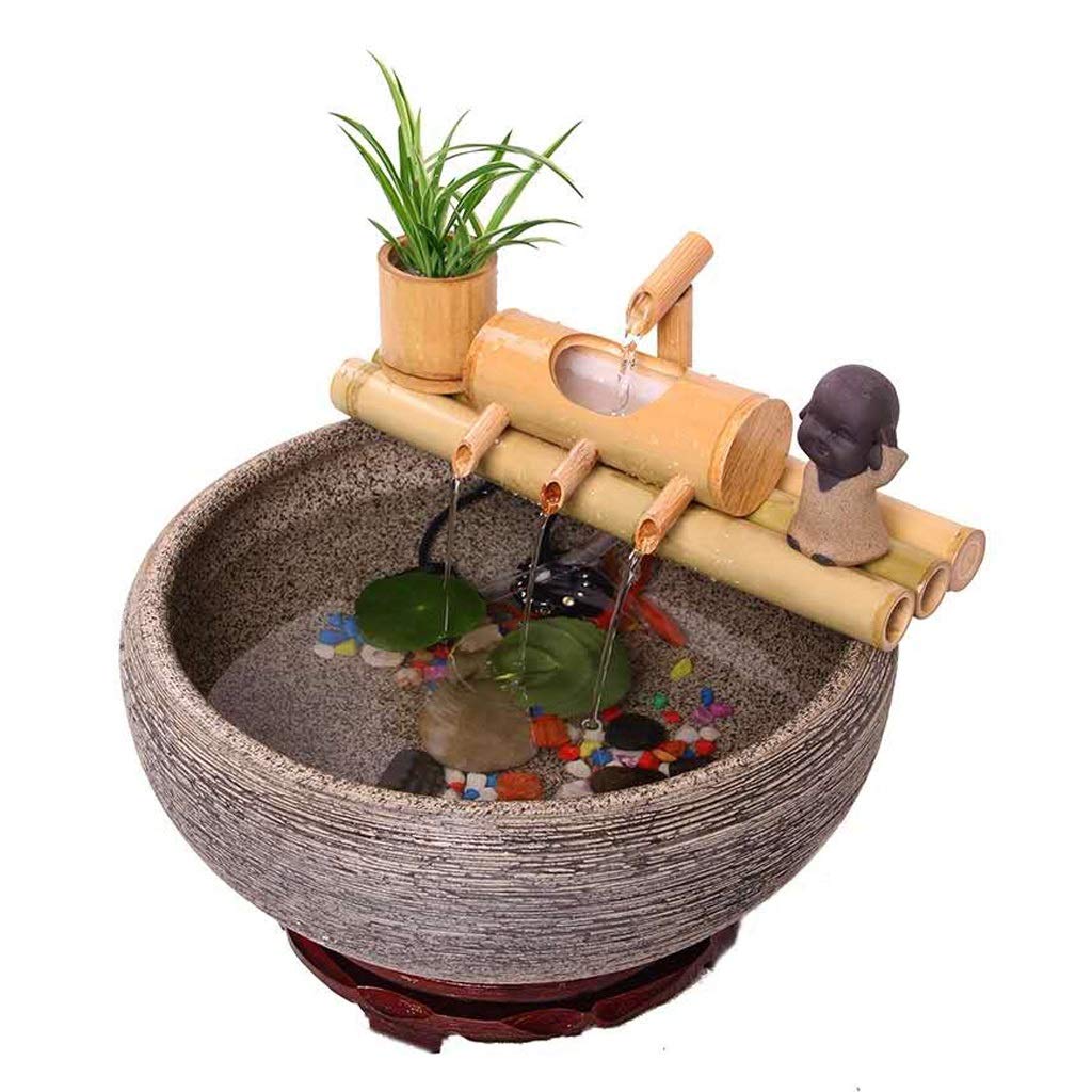 Bamboo Garden Zen Fontaine d'eau avec Pompe, intérieur/extérieur Ornements, 7,8 Pouces Base Ronde Plat, Lisse Split-résistant Bambou, Container Inclus