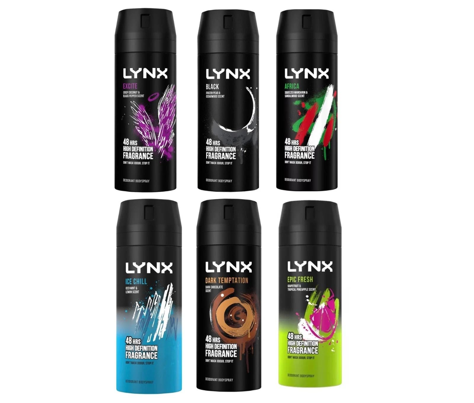 6 x 150ml Lynx MIX Deodorant Body Spray Africa, Dark Temptation, Ice Chill, Excite, Epic Fresh & Black