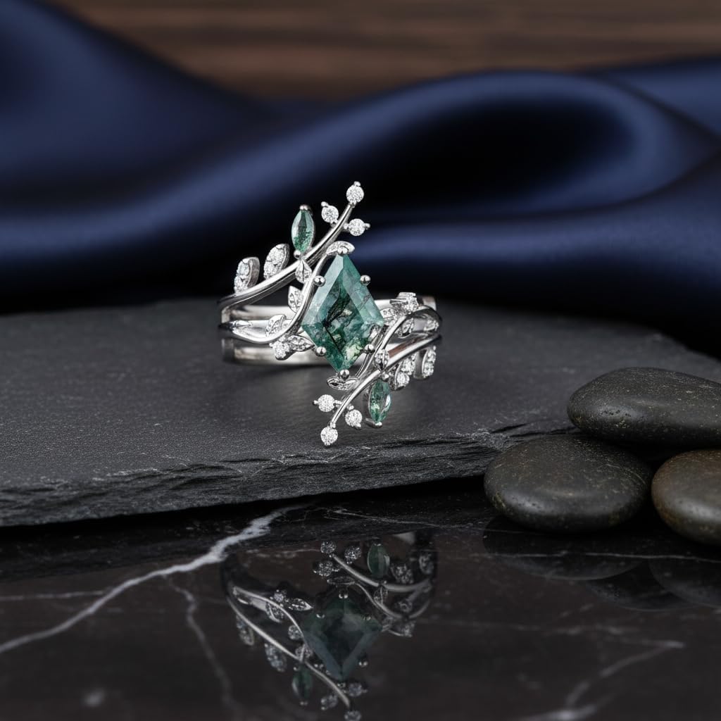 Natural Moss Agate Engagement Ring Set for Women Unique Kite Cut Ring Bridal Set 925 Sterling Silver Rings with 18K White Gold Plated - Image 3