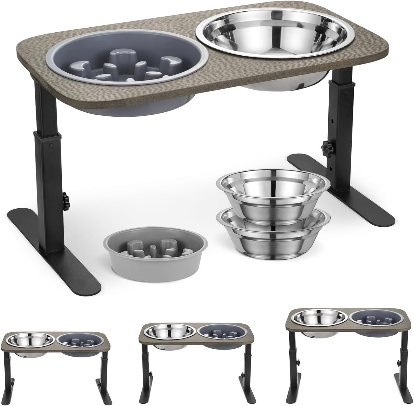 Veehoo Elevated Dog Bowls – Adjustable Raised Dog Bowl Stand with Slow Feeder Dog Bowl & 2 Stainless Steel Food Bowls, Wood Dog Feeding Station with Metal Stand for Large Medium Small Dogs