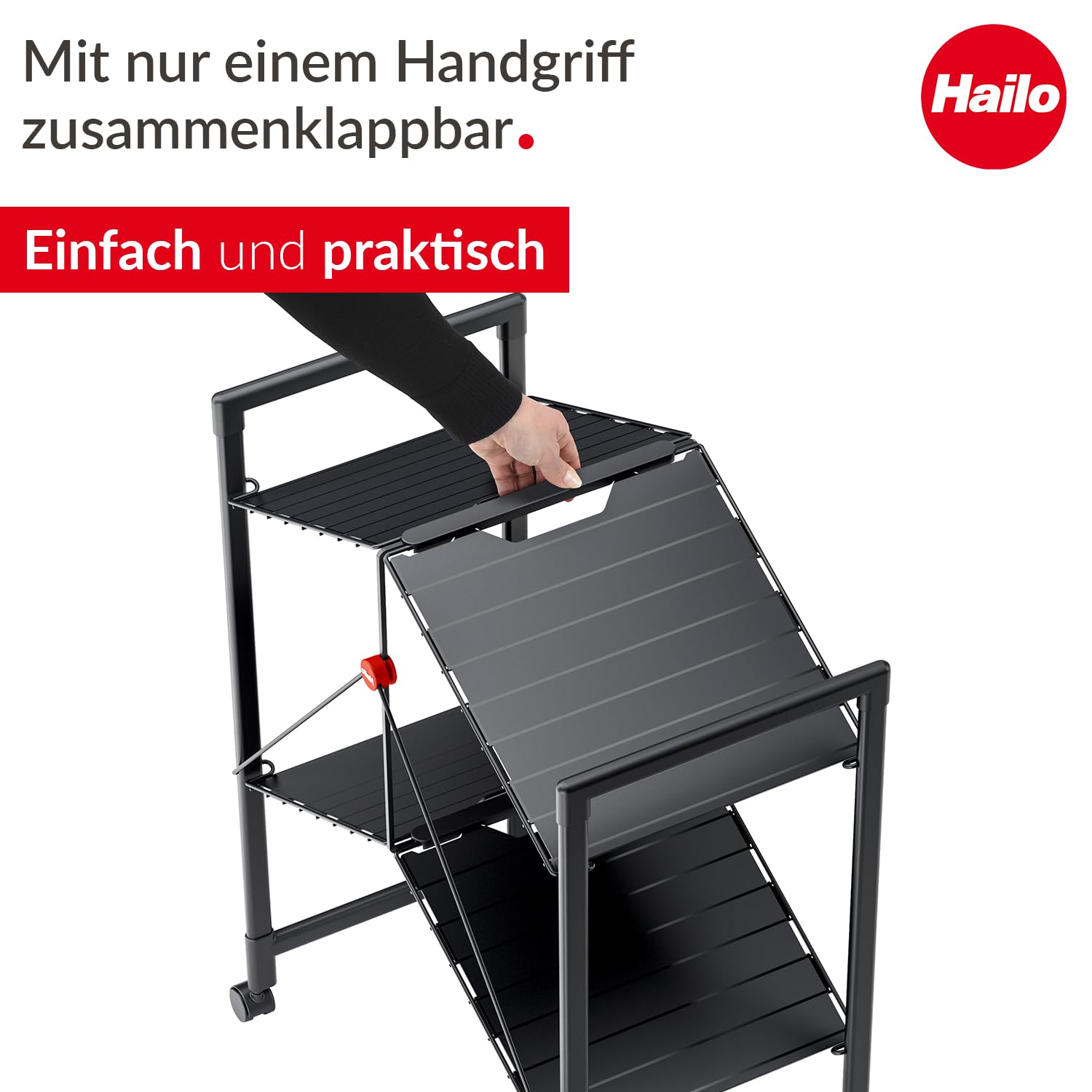Hailo Quickboard – Mobile Universalablage mit Rollen - klappbar & platzsparend - vielseitig einsetzbar - pro Ablagefläche belastbar bis max. 10 kg - schwarz matt