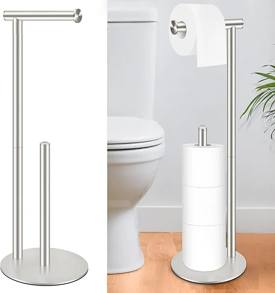 Toilet Paper Holder Stand, Rustproof Modern Free Standing Bathroom Tissue Holder Storage for 4 Rolls, Stainless Steel Anti-Slip Base with Reserve, Brushed Nickel, YOFOVI