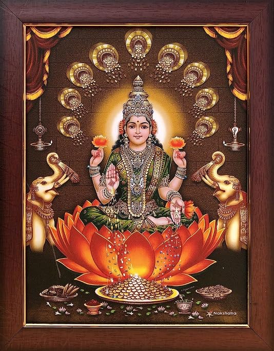 7 Hills Store Hindu Goddess Dhanalakshmi Photo with Wooden Frame (Multicolour, 8 x 12 Inch),Wall Mount