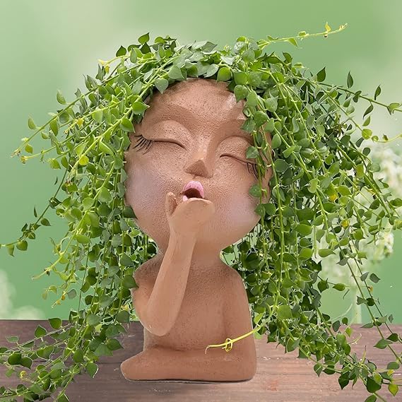 Image of Face Planter Pot with Drainage Hole 6 inch Resin Head Flower Pot | Cute Closed Eyes Lady Design Planter for Garden Home or Office | No Plants or Floral Included (Brown)
