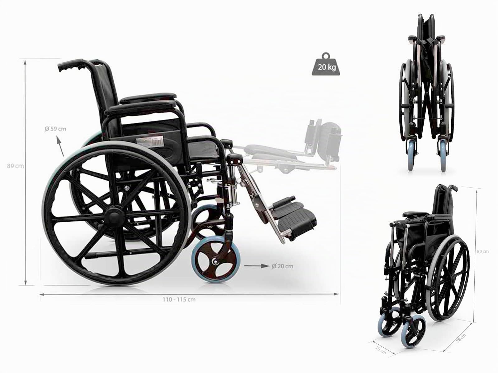 QUIRUMED Silla de ruedas con reposapiés elevables y extraíbles, Acero, Color Negro, Plegable, Asiento 46 cm, frenos de mano, Para mayores, Para minusválidos