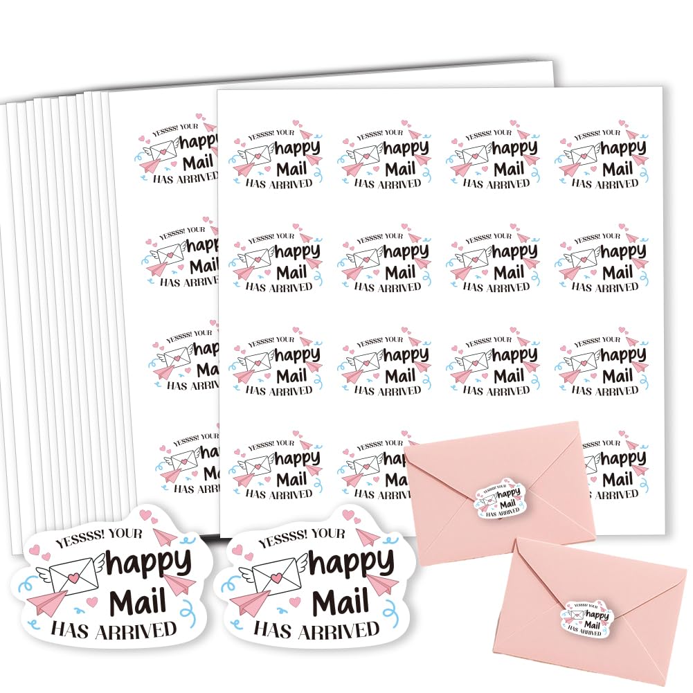 GOMAKERER 320 Pcs Happy Mail Stickers, 2 Inch Online Retailers Shop Owners Order Packages Labels Waterproof Self-Adhesive Packaging Stickers for Business Shipping Crafts, Christmas Gifts Party
