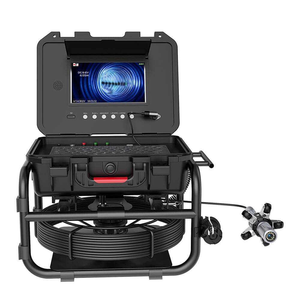 Dual Lens Borescope 360 Rotating Sewer Pipe Inspection Camera, 9? IPS Monitor Screen 5X Zoom DVR 512HZ Transmitter 7mm Diameter IP68 Drain Pipeline Video Industrial Endoscope (Cable Length 40M/131FT)