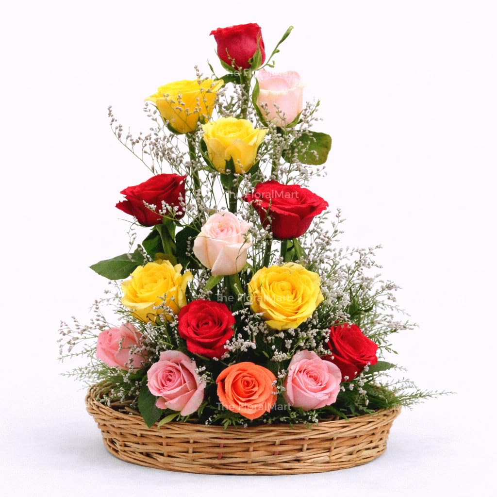The FloralMart 15 Mixed Roses Fresh Flowers Basket Arrangement with Seasonal Fillers, for Birthday Gift, Anniversary Gift, Valentines Gift, (Same Day Delivery)-image-13