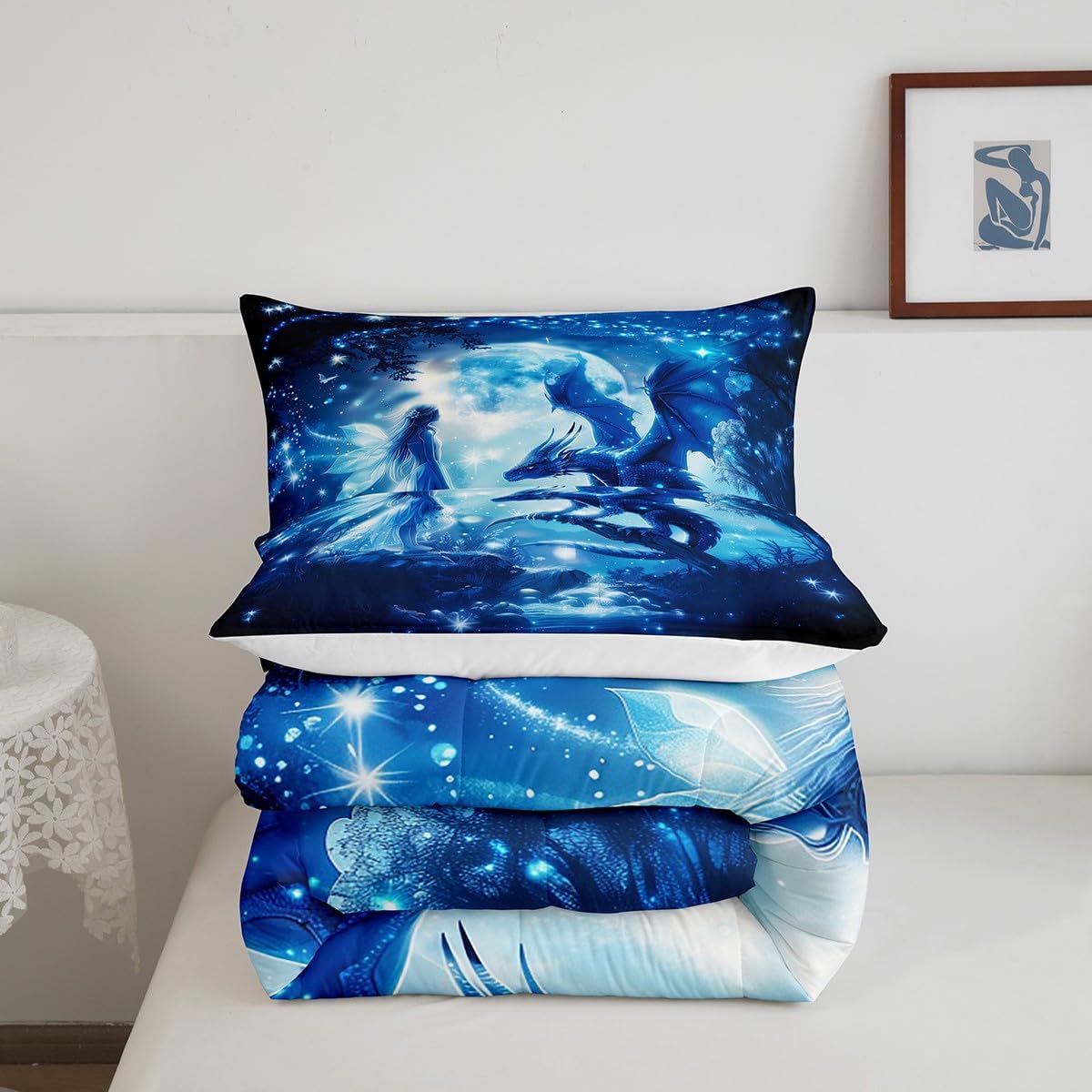 Western Dragon Kids Comforter Set Twin Size,Princess Moon Night Starry Sky Romantic Bedding Set,Girls Women Room Decor,Ancient Animal Jungle Wildlife Down Comforter,Blue Duvet Insert,1 Pillowcase