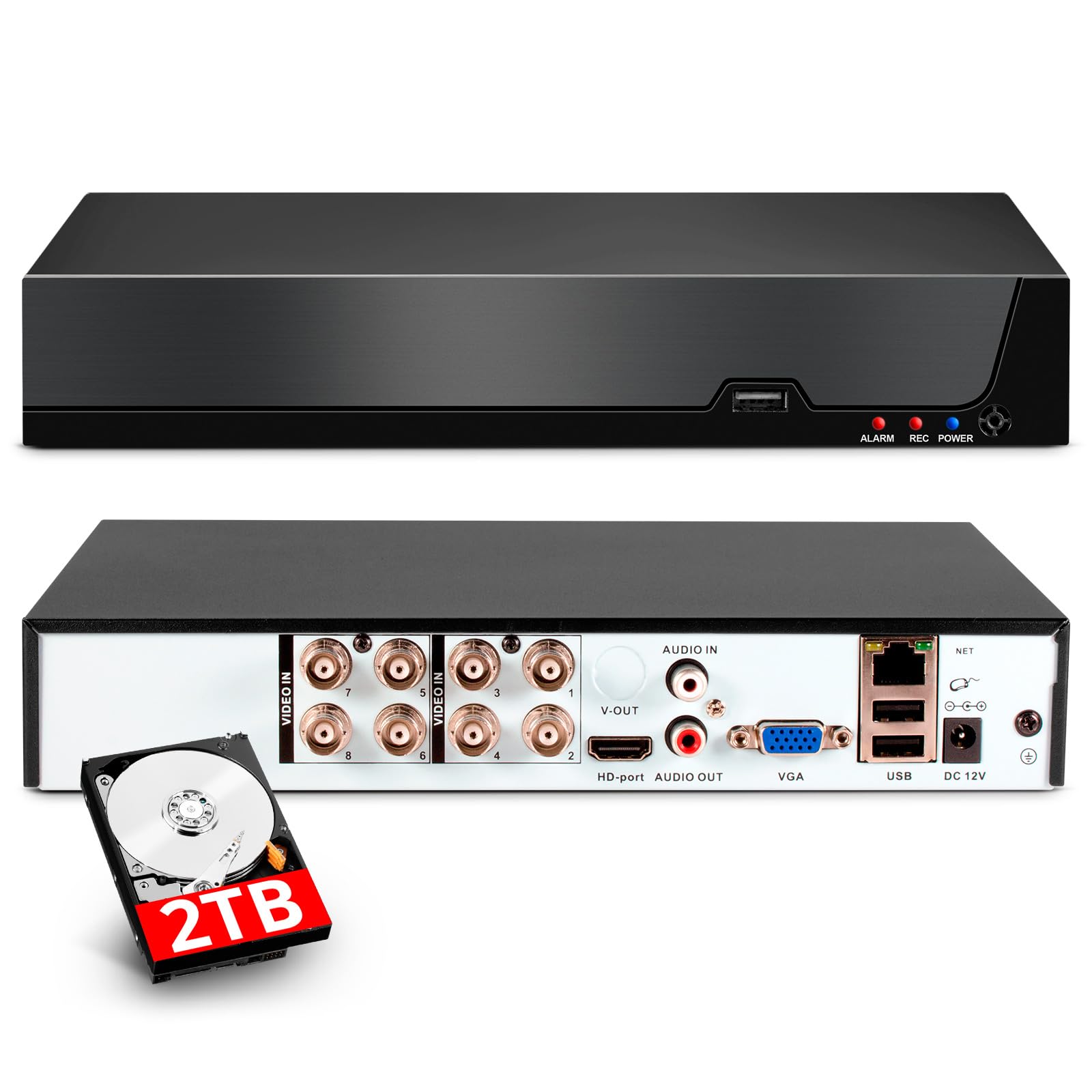 Contents of the KERUI 8-Channel DVR box, including the DVR unit, power supply, USB mouse, 1TB hard drive, and warning stickers.