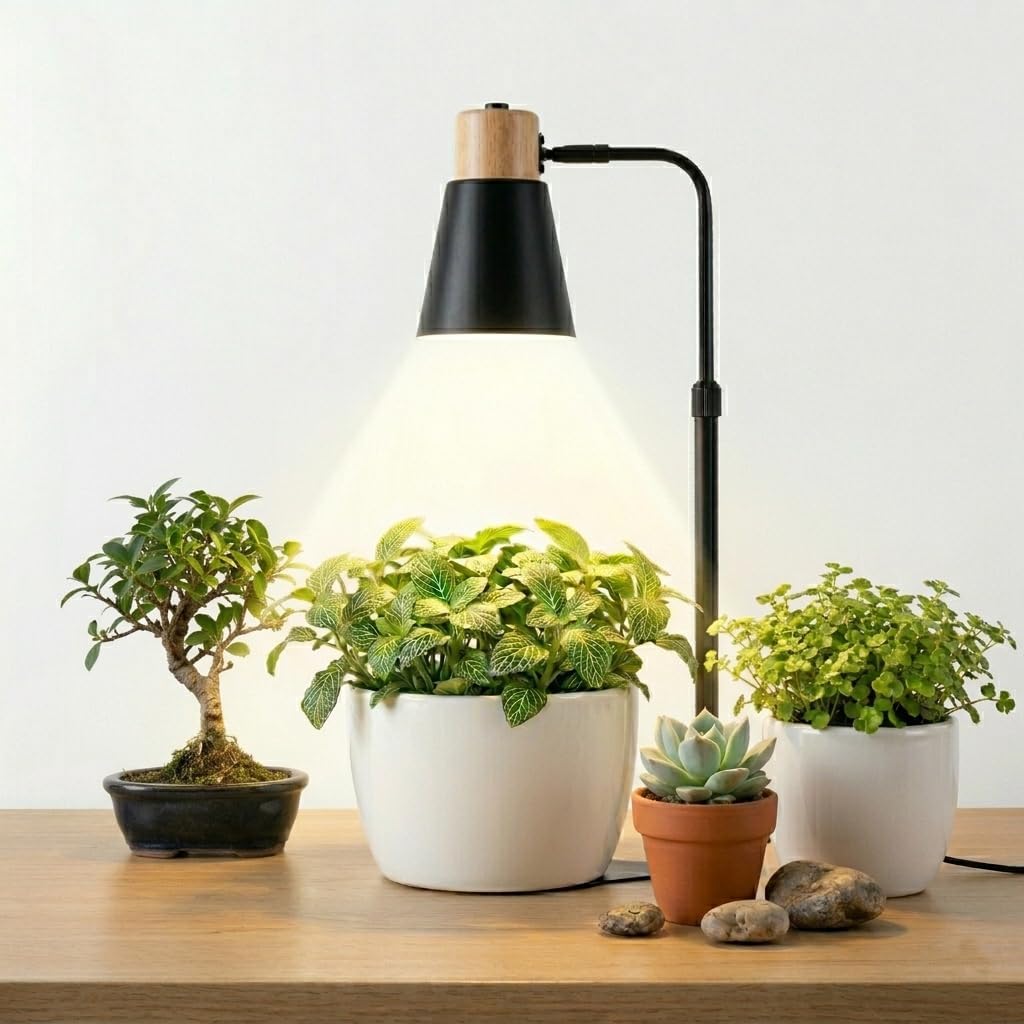 Tabletop Grow Lights for Indoor Plants, Desktop Plant Lights for Indoor Growing with 7W COB Grow Light Bulb, Full Spectrum Grow Lamp, Wood Plant Lamp for Small Mini Plants, Adjustable Height