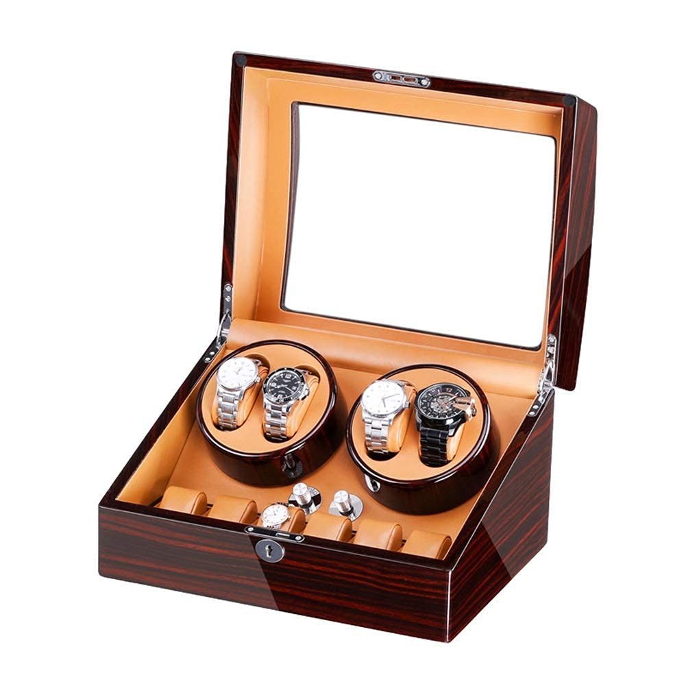 OLSKFUH Watch Winder Automatic Watch Winder Box For Winding 4 Watches + 6 Storage Quiet Motor Piano Paint Exterior Adapter And Battery Powered,E Watch Winder,A-A,E-A