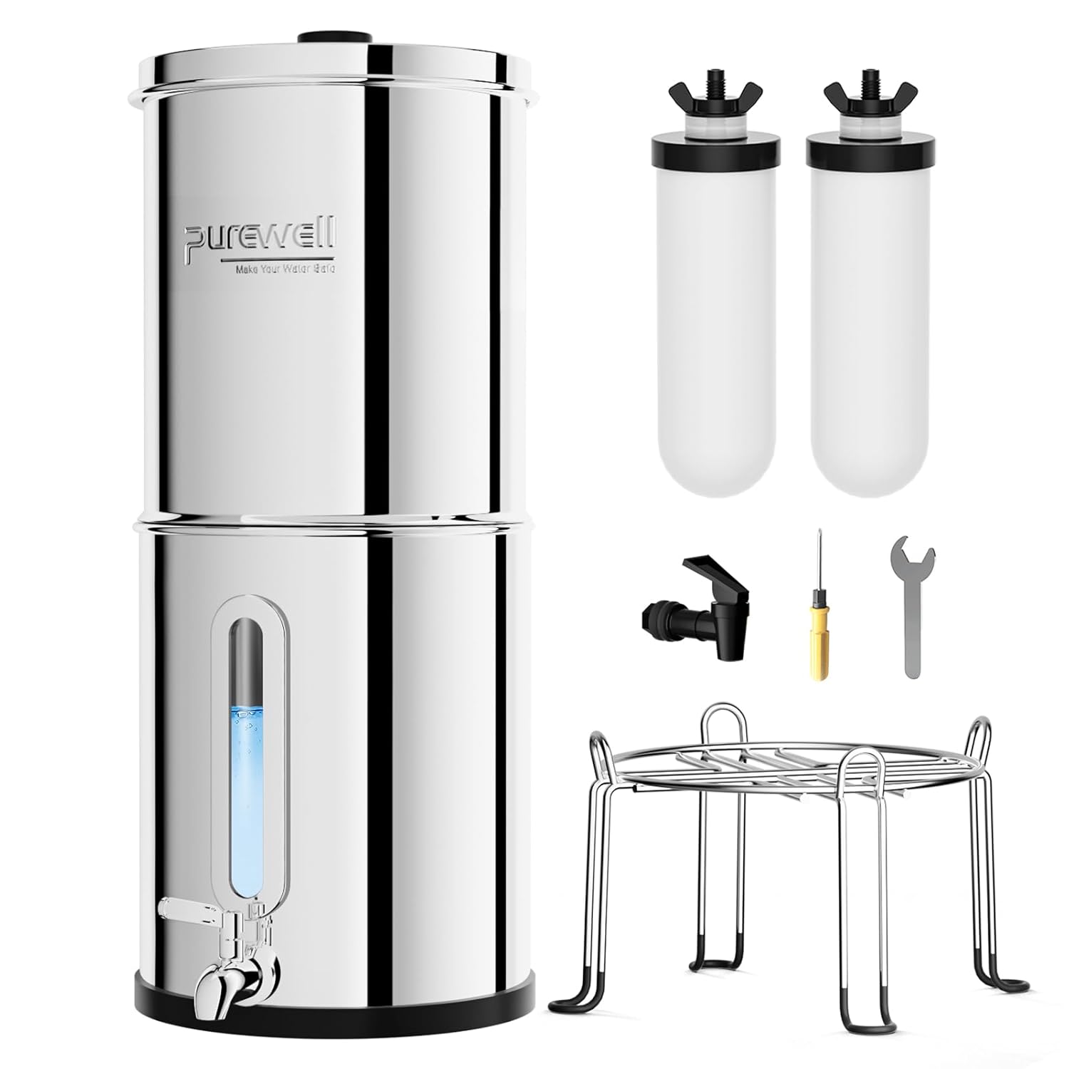 Purewell 2.25G Gravity Water Filter System with Water Level Window, 3-Stage Stainless Steel Countertop System with 2 Washable Ceramic Filters and Stand, Reduce up to 99% Chlorine, PW-KST 2.25 Visible Ceramic System Silver