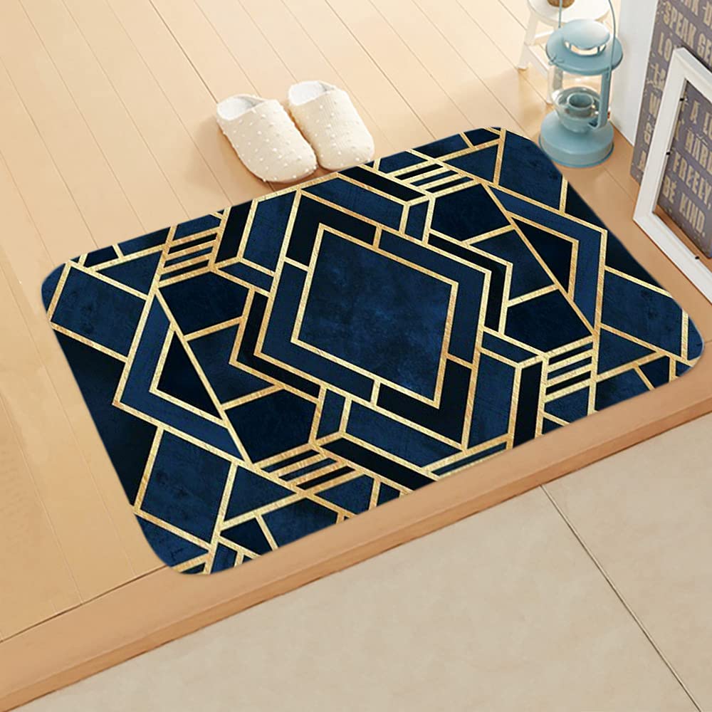 Tapis de couloir bleu et doré au design géométrique chic pour décoration de standing