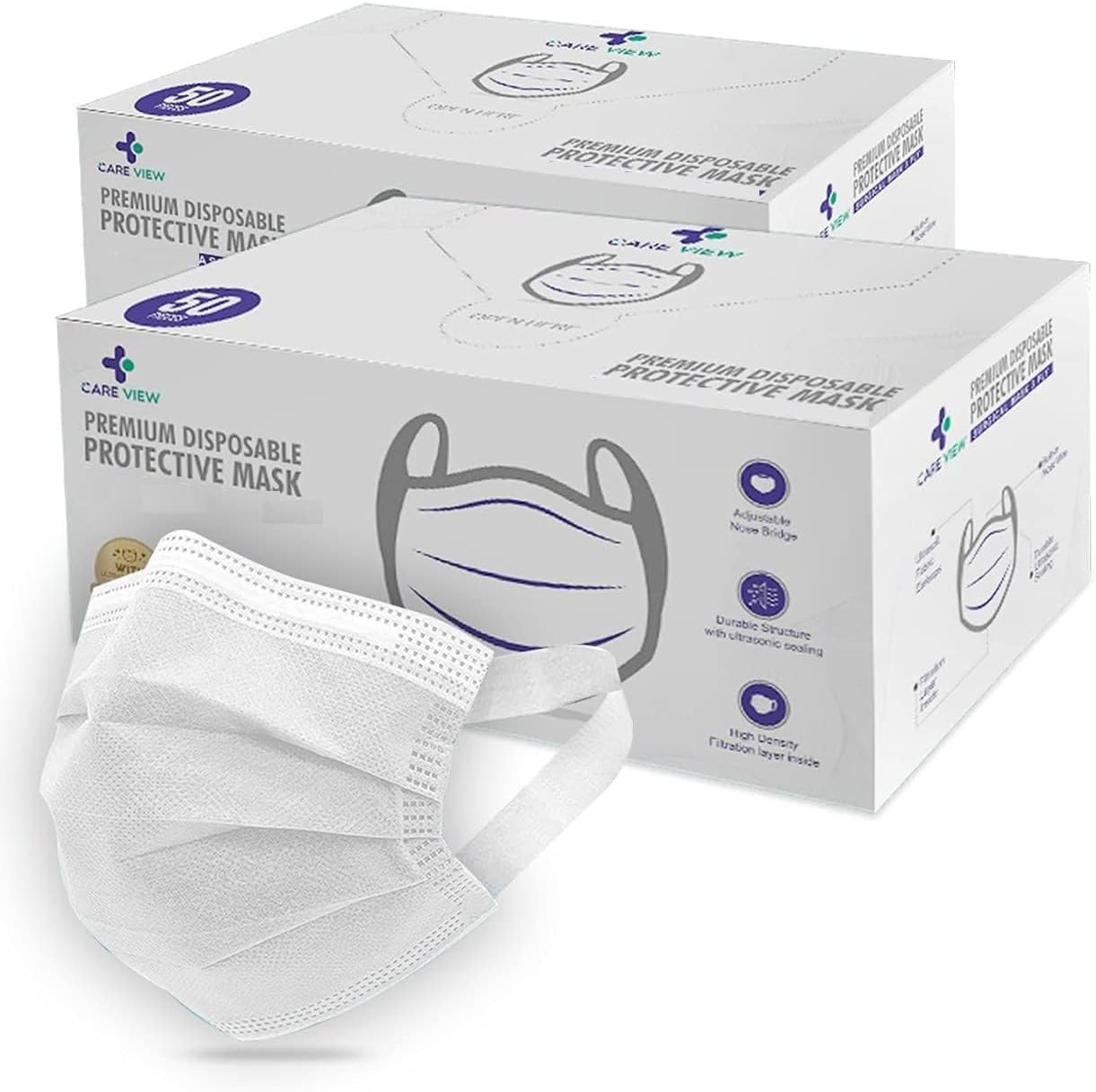 Careview N95 3 Ply Disposable Surgical Face Mask Box with FABRIC Earloop and built in Nose Pin, Certified by BFE>99% and PFE > 95%, SITRA, DRDO, ISO and CE (Pack of 100, WHITE), Unisex, Without Valve