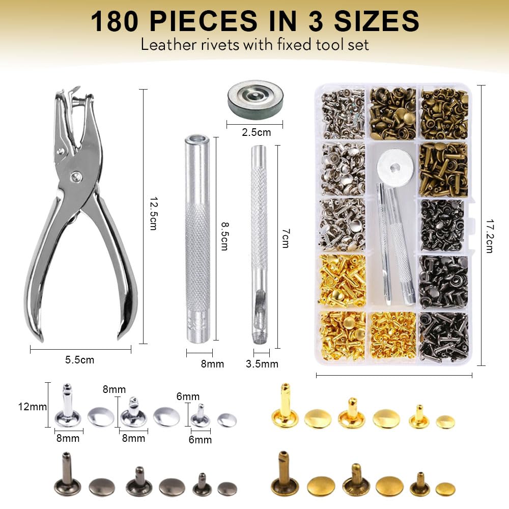 180 Pezzi Rivetti per Pelle 12 MM/8 MM/6 MM,Borchie Metallo per Tessuti con Punch Pinze,Ribattini per Cuoio Doppia Testa,Studs for Clothes per Scarpe, Vestiti, Artigianali Fai Da Te - 4 Colori