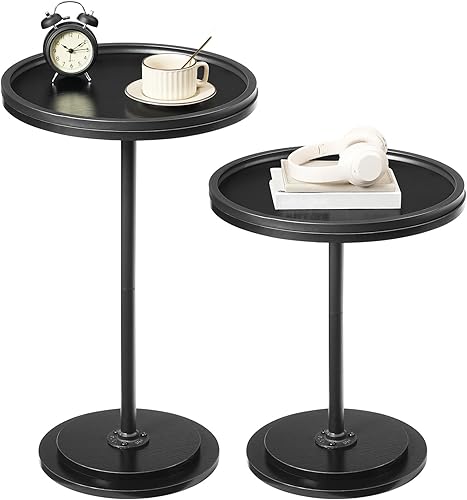 Miniatura 1 de HOOBRO Juego de 2 mesas auxiliares anidables, pequeñas mesas de centro redondas con pedestal de madera, mesas auxiliares circulares modernas para