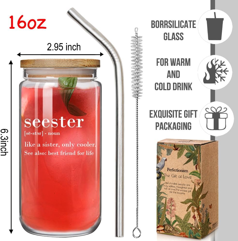 Funny Seester Definition Birthday Christmas Gift for Sibling Best Friend Bestie from Brother, Friendship Soul Gifts for Women - Big Sister Sorority Gift, 16oz Coffee Can Glass with Lids and Straws