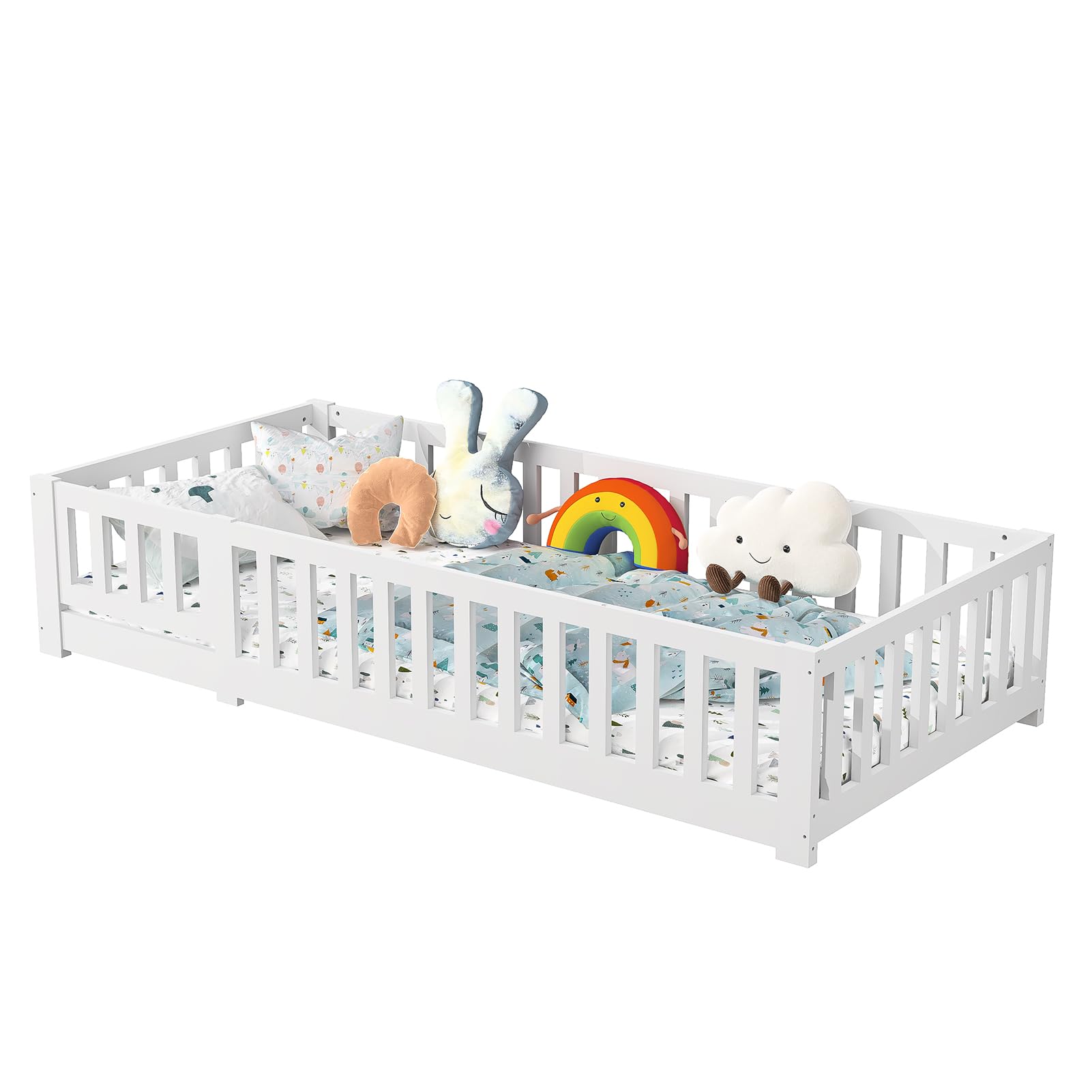Cama infantil 90 x 200 cm con somier, marco de cama de madera con valla y puerta, cama Montessori con protección anticaídas, para niño y niña, color blanco
