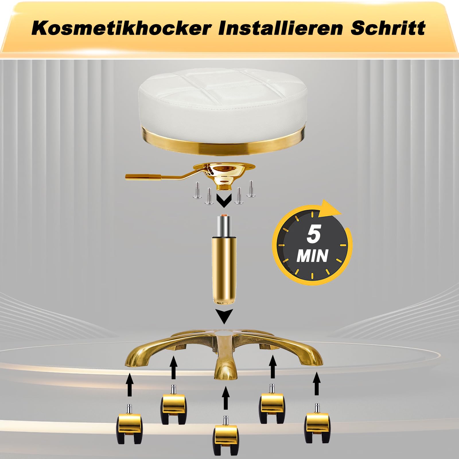 Doré Tabouret à roulettes Ergonomique Rond Chaise Roulant Cuir PU Pivotant Bureau Salon Medical Réglable Hauteur 45-58 cm Blanc