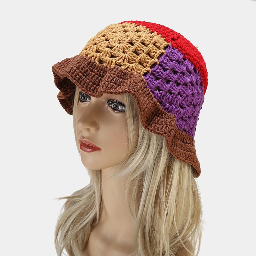 Golirsteca 4 Pack Floppy Brim Crochet Knitted Bucket Hat for Women Handmade Color Patchwork Beanies Cap