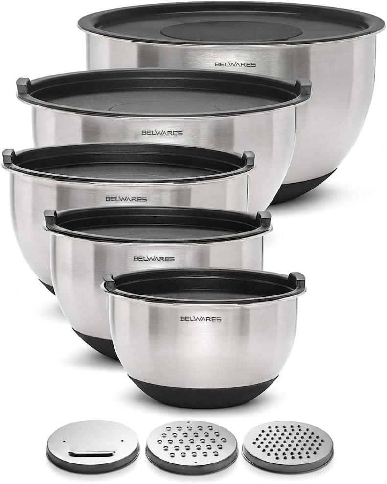 Belwares Stainless Steel Mixing Bowls Set of 5 with Airtight Lids, Non-Slip Bottoms & 3 Grater Attachments - Nesting for Baking & Storage