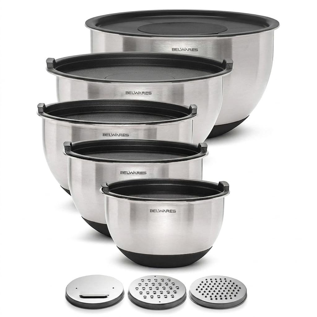 Belwares Rührschüsseln mit Deckel 5er Set - Edelstahl-Rührschüssel-Set, verschachtelte Metallschüsseln mit rutschfester Unterseite + 3 Reibeaufsätze, luftdichte Deckel zum Backen