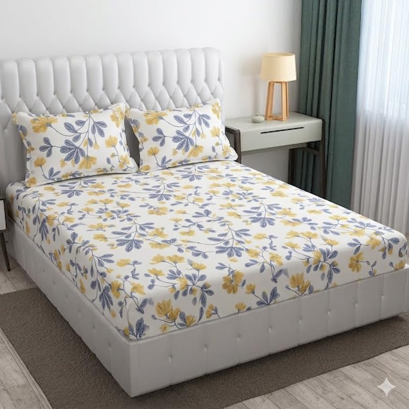 Image of Cotton Bolls Textiles Glace Cotton Fitted Bedsheet 72x72x6 Inch with 2 Pillow Covers - Soft Breathable Fabric, Elastic All Around, Printed Bedding for Double Bed
