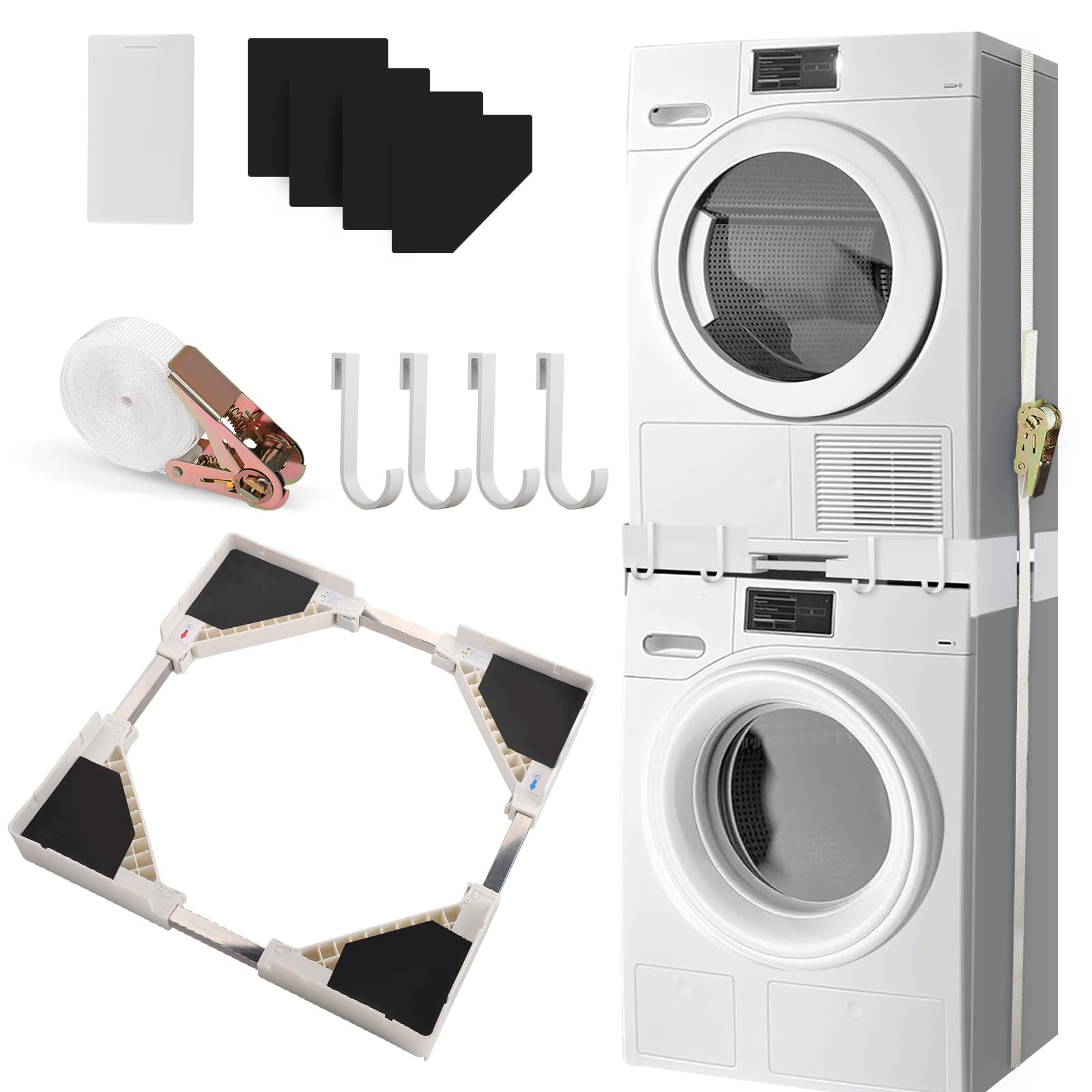 Kit impilabile universale per lavatrice e asciugatrice, misura regolabile (50 – 70 cm), cuscinetti anti-vibrazione, corda a cricchetto, salvaspazio (bianco)