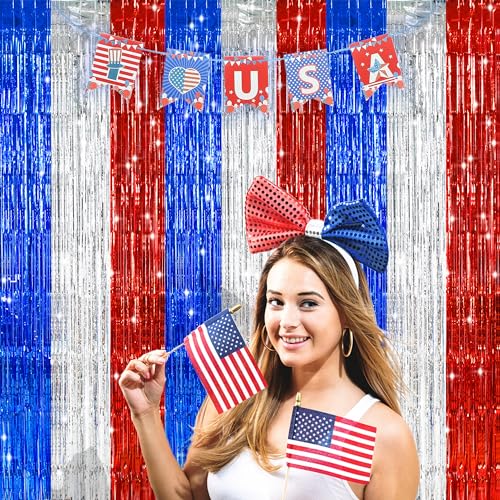 Image of TONIFUL Red White and Blue Tinsel Foil Fringe Curtains,4th of July Decorations Independence Day Photo Booth Backdrop,Metallic Door Streamers for Patriotic Party Memorial Day Labor Day Supplies