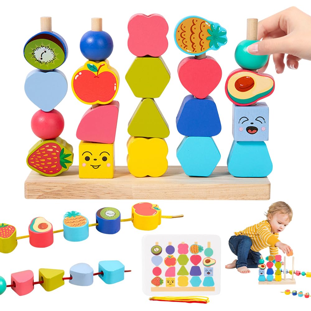 2-in-1 Montessori Threading Toys, Threading Beads Stacking Blocks Learning Set for 2 3 4 Year Old Boys Girls, Fine Motor Skills Toys for Toddlers Travel Educational Toddlers Toy for 2-5 Year Boy Girl