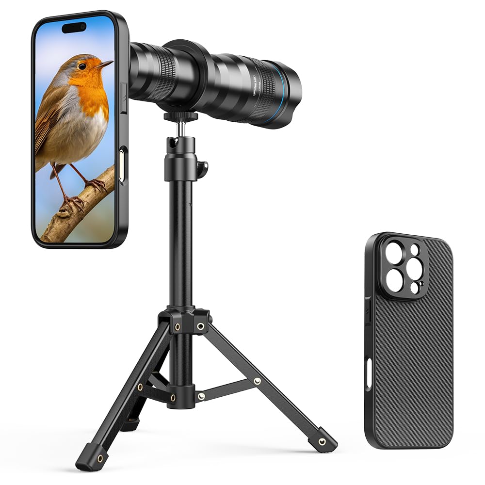 APEXEL Objectif Téléobjectif Portable avec Coque Intégrée pour iPhone 16 Pro – Objectif 36x avec Support pour Trépied