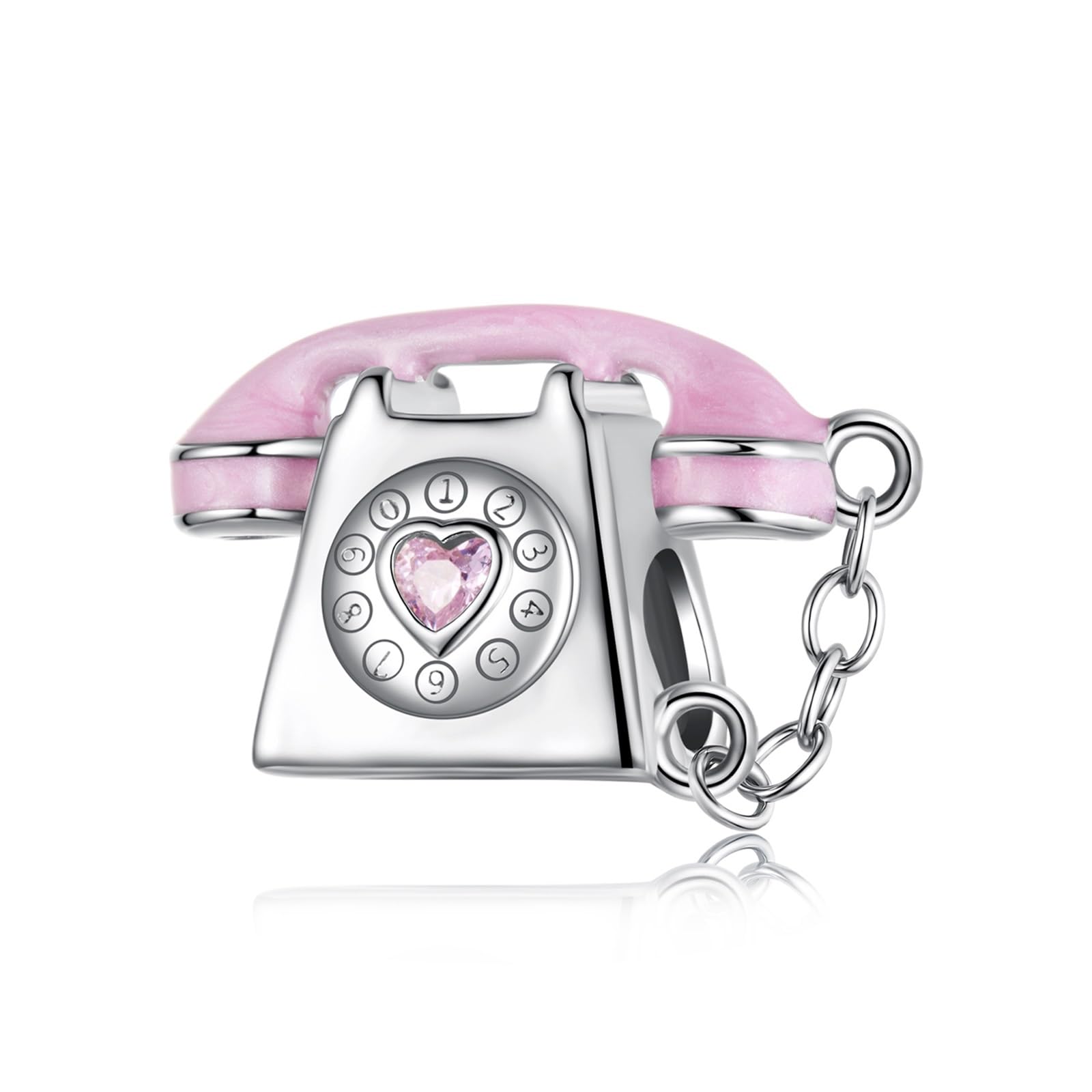 Dijes de cuentas de plata de ley 925: colgante vintage de teléfono rosa con circonita 3A y triple baño de platino. Ideales for hacer tú mismo, compatibles con Pandora, Biagi, Troll y Chamilia (